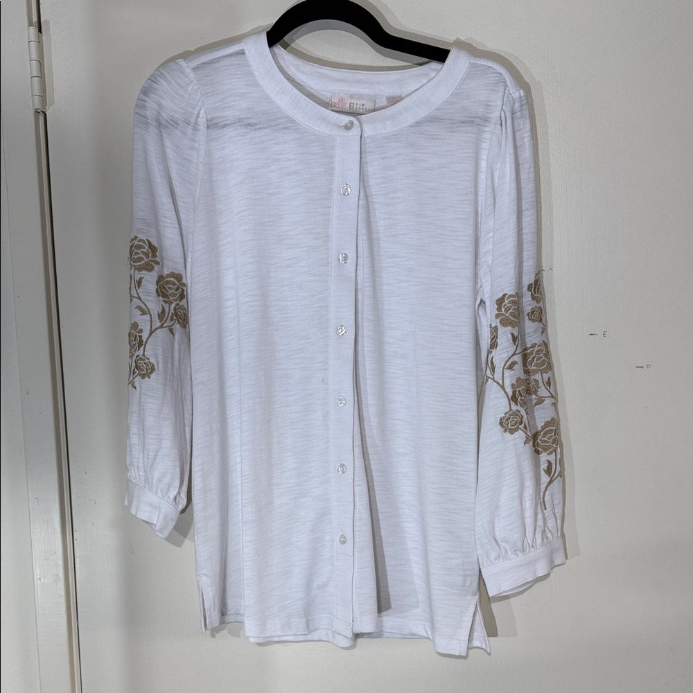 Belle by Kim Gravel White Button-Front Top with Gold Rose Embroidery Size Small